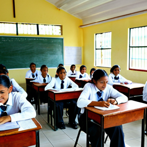 Home 7 Education Focus**
"A bright, modern classroom in a Costa Rican school, filled with happy, engaged students and a dedicated teacher. Sunlight streams through the windows. The school is well-equipped with computers and learning materials. The scene represents investment in education after the abolishment of the army. Fully clothed, appropriate attire, safe for work, perfect anatomy, natural proportions, professional photography, high quality, modest."
**
