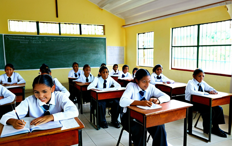 Education Focus**

"A bright, modern classroom in a Costa Rican school, filled with happy, engaged students and a dedicated teacher. Sunlight streams through the windows. The school is well-equipped with computers and learning materials. The scene represents investment in education after the abolishment of the army. Fully clothed, appropriate attire, safe for work, perfect anatomy, natural proportions, professional photography, high quality, modest."

**