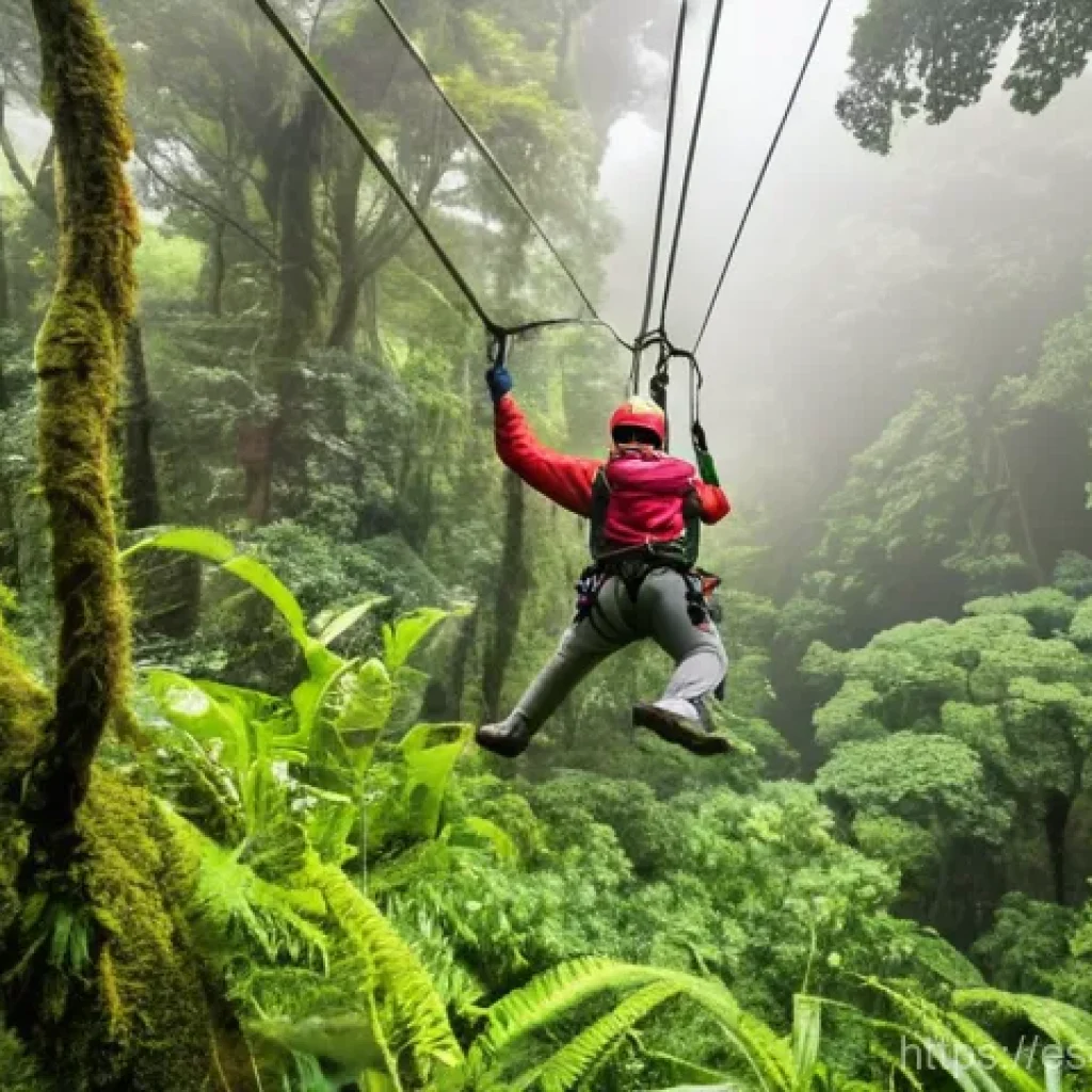 코스타리카 모험 스포츠 리스트 - **Prompt 1: Canopy Thrill in Monteverde**
"A vibrant, photo-realistic image capturing a young ad...