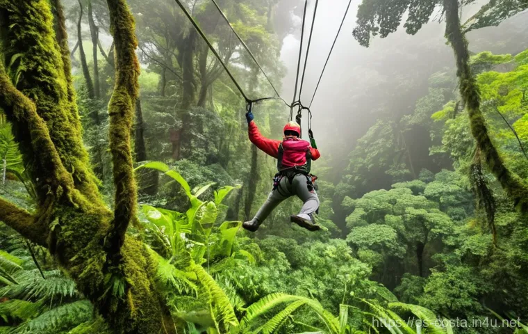 코스타리카 모험 스포츠 리스트 - **Prompt 1: Canopy Thrill in Monteverde**
    "A vibrant, photo-realistic image capturing a young ad...