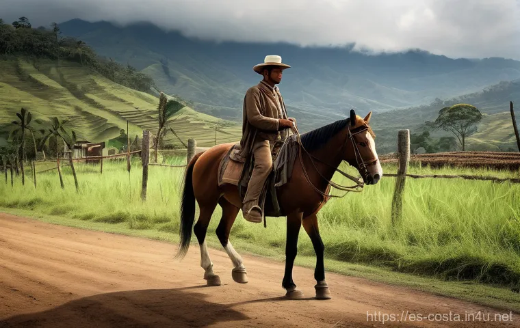 코스타리카 독립 과정 - **Prompt:** An atmospheric historical illustration depicting a weary messenger on horseback arriving...