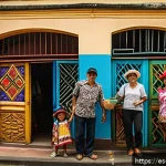 코스타리카 인기 드라마 및 영화 - A vibrant urban scene depicting a Costa Rican family of diverse ages and backgrounds engaging warmly...