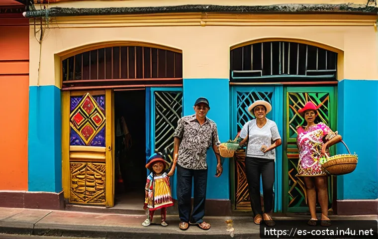 코스타리카 인기 드라마 및 영화 - A vibrant urban scene depicting a Costa Rican family of diverse ages and backgrounds engaging warmly...