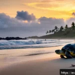 코스타리카 바다거북 보호 프로그램 - A detailed nighttime scene on a Costa Rican Pacific beach showing local community members including ...