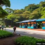 코스타리카 국립공원 입장료 정보 - A vibrant scene of a Costa Rican national park entrance with diverse tourists&mdash;families, local visito...