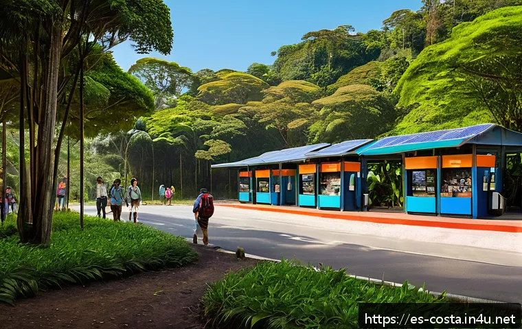 코스타리카 국립공원 입장료 정보 - A vibrant scene of a Costa Rican national park entrance with diverse tourists—families, local visito...