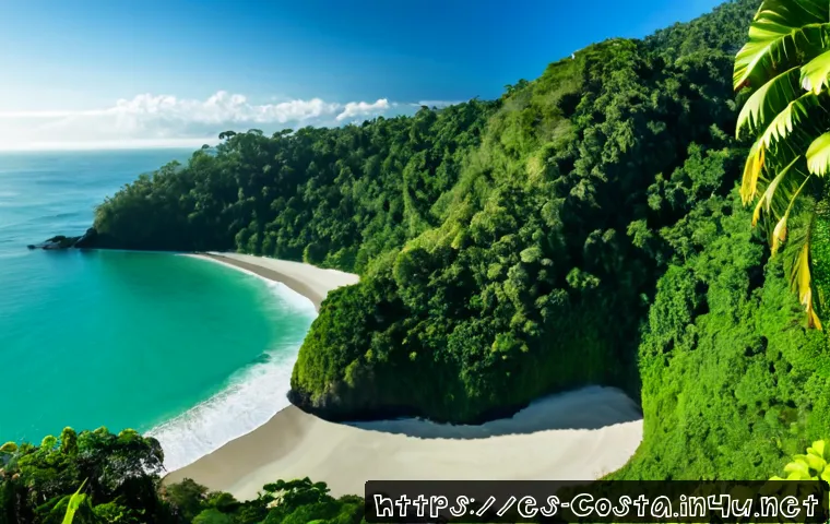 코스타리카 마누엘 안토니오 국립공원 - Photorealistic wide coastal view of Manuel Antonio National Park, Costa Rica, lush emerald rainfores...